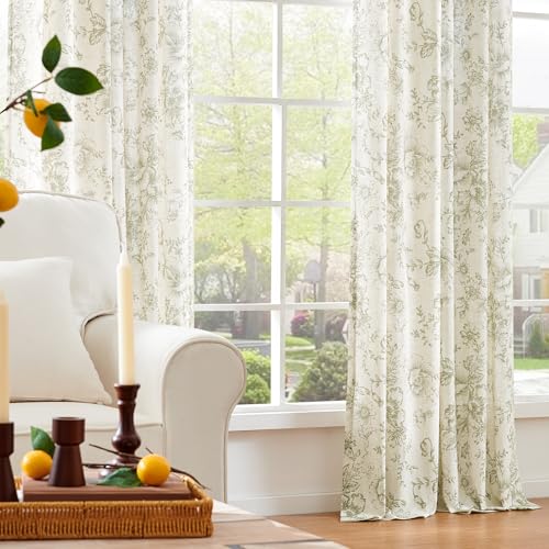 Vintage Floral Linen Curtains 84 Long for Living Room 2 Panels (Green / 42"W x 84"L (Pack of 2))