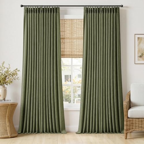Olive Green Pinch Pleated Linen Curtains 108 Inches Long 2 Panels (Olive Green / 40"W x 108"L (Pack of 2))