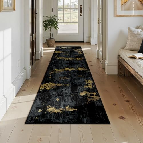 Washable Runner 2'x9' Abstract Area Rug for Hallway Black Gold (Black/Gold / 2' x 9' (Runner))