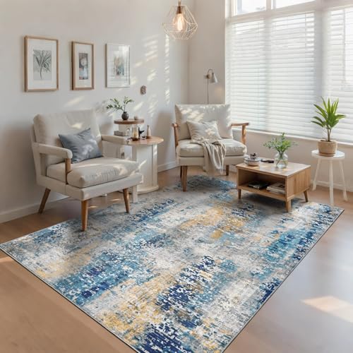 Living Room Rug 5x8 Ultramarine Area Rug Machine Washable Boho Rug Non Slip Abstract Vintage Indoor Large Rugs for Bedroom (Ultramarine / 5' x 8' (Rectangular))