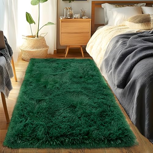 Runner Rugs for Bedroom 2x6 Rug Runners for Hallways Non Slip Soft Shag Bedside Rug (2' x 6' (Rectangular) / Blackish Green)