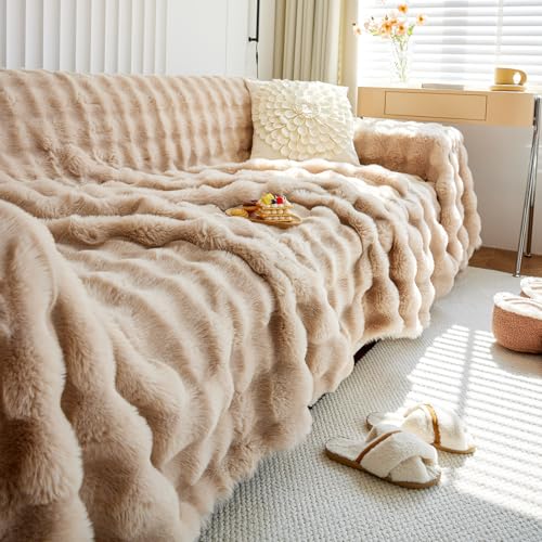 Plush Sofa Slipcovers Washable Couch Cover for Sofa Super Soft Faux Fur Sofa Covers for 3 Couch Cousion Soild Khaki Rabbit Plush Couch Cushion Covers for Kids Pets (71" x 150" / Z-plush:khaki)