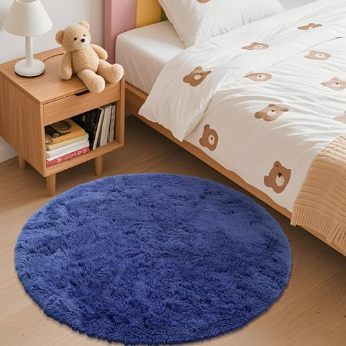 Navy Blue Round Rugs for Bedroom (3 Ft Round / Navy Blue)