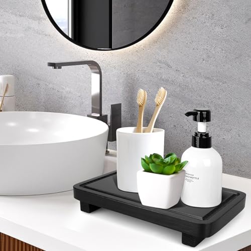 Black Bathroom Counter Organizer Wood Risers Kitchen Countertop Trays (Black / 10x6 inch)