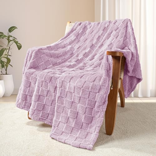 3D Checkered Fleece Throw Blanket for Couch (Light Purple / Throw (50"x60"))
