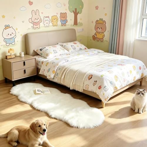 Faux Fur Sheepskin Runner Rug White 2x6 ft Ultra Soft Shaggy Plush Fluffy Fuzzy Area Carpet Decorative Chair Cover Floor Mat for Bedroom Sofa Living Room Bedside (White / 2' x 6' (Runner))