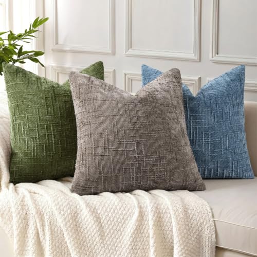 Textured Chenille Throw Pillow Covers 16x16 Set of 2 Grey Green (Neutral Green / 16" x 16" (Pack of 2))