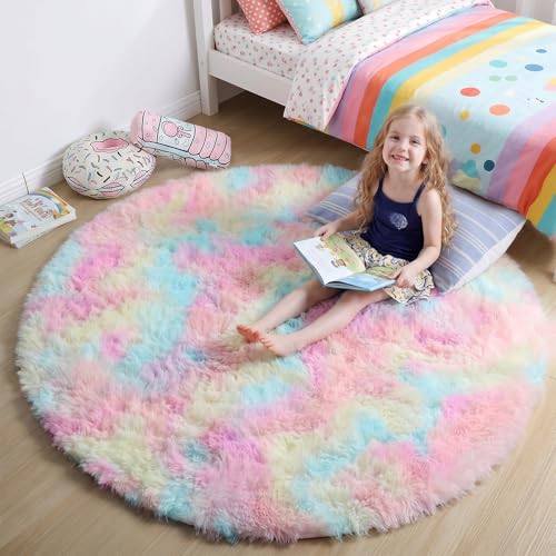 Rainbow Unicorn Large Round Rug 6Ft for Girls Bedroom Living Room (Rainbow / 6' (Round))