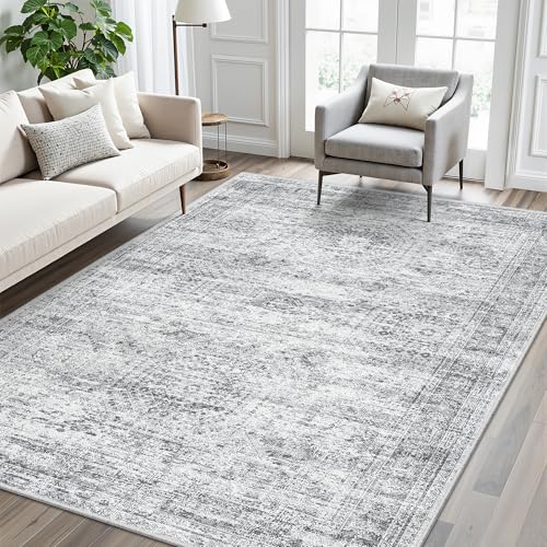 5x7 Area Rugs Grey Low Pile Washable Trendy Faded Style Rug (Grey / 5' x 7' (Rectangular))