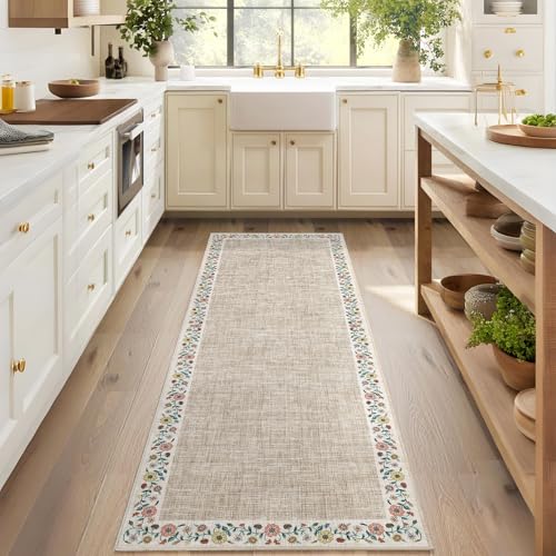 Entryway Rug 2x6 Modern Bordered Runner Rug Washable Kitchen Runners for Hallway Non (Light Flax/Beige / 2' x 6' (Rectangular))