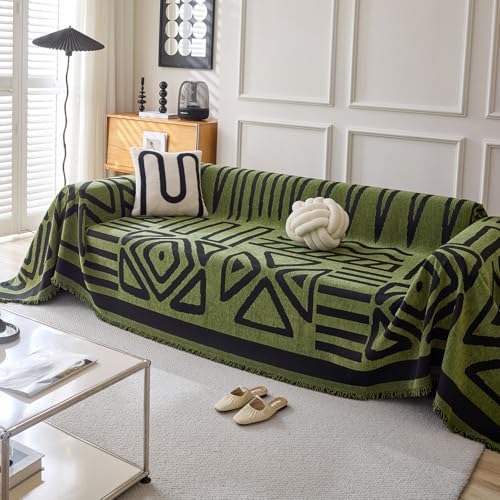 Boho Geometric Couch Covers for Sofa Pet Friendly Avocado and Black Sofa Covers Washable Chenille Couch Blanket Cover for 3 4 Cushion Couches Pet Protector Furniture Cover Soft (71" x 150" / T: Avocado)