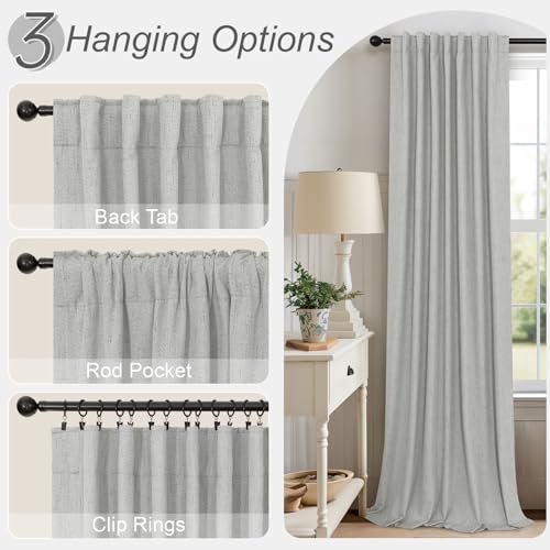 Gray Room Darkening Curtains 96 Inches Long for Living Room 2 Panels Faux Linen Back Tab Pleated Puddle Length Thermal Insulated Medium Gray Light Weight Blackout Curtains for Bedroom 8ft Light Grey (Light Grey / 52"W x 96"L (Pack of 2))