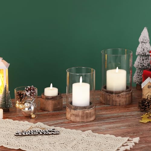 Set of 3 Glass Hurricane Candle Holders for Pillars with Vintage Natural Solid Wooden Bases (Old Natural / 3.2"&4"&4.8")
