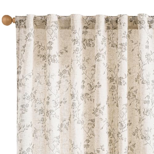Extra Long Grey Vintage Floral Linen Curtains Farmhouse 2 Panels (Grey on Beige / 50"W x 108"L (Pack of 2))