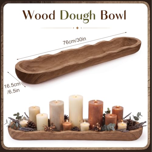 30" X 6.5" Wooden Dough Bowl Candle Tray (Brown / 30" X 6.5" / Wave Edges)