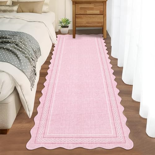 Scalloped Washable Runner Rug 2x10 Kitchen Runner Non Slip (Pink / 2' x 10' (Runner))