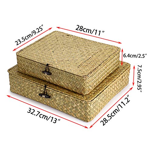 2 Packs Flat Wicker Basket Box with Lid Woven Seagrass Storage Bins (Small+Large / Natural Color)