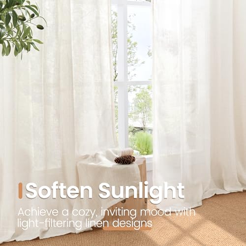 Linen Semi Sheer Curtains 52X63 Inch Length for Living Room (Linen / 52"W x 63"L (Pack of 2))