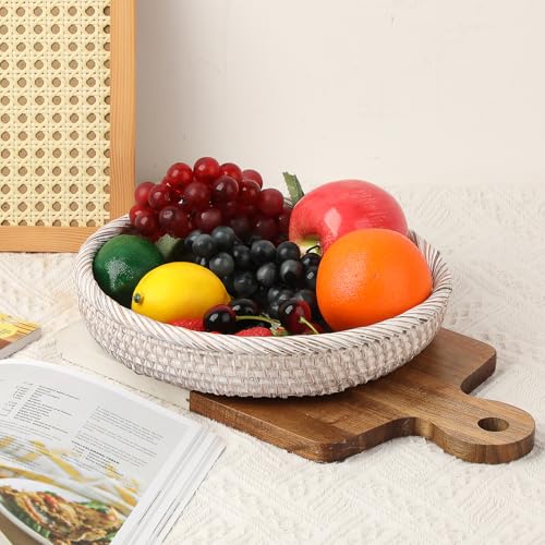 Key Basket Bowl for Entryway 10" Round Woven Wicker Serving Tray (Medium, 9.9" / Whitewash)