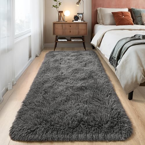 Fluffy Runner Rugs for Bedroom Aesthetic 2x6 Shag Soft Bedside Rug (Dark Grey / 2' X 6' (Runner))