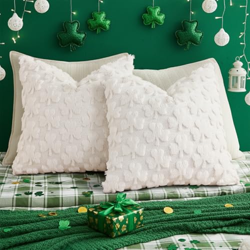 Faux Fur Throw Shamrock Cream White Pillow Covers 16x16 Set of 2 (16" x 16" (Pack of 2) / Shamrock Cream White)
