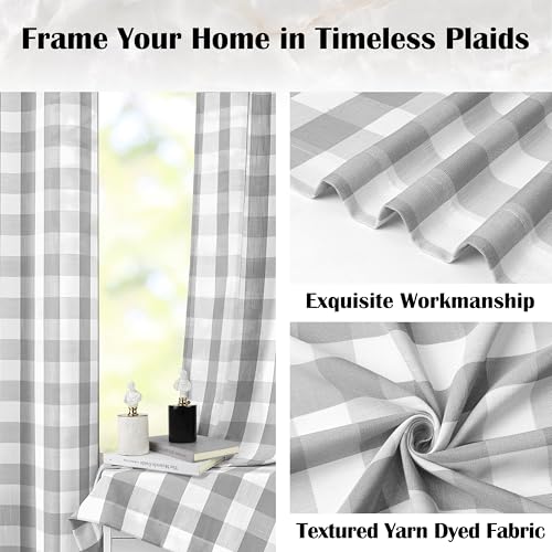 Short Buffalo Plaid Semi Sheer Curtains 63 Inches Length (Gray/White / 52"W x 63"L (Pack of 2))
