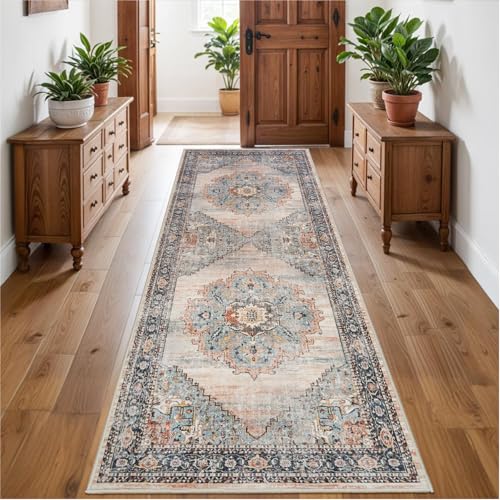 3x8 Washable Runner Rug Blue Vintage Rugs for Hallway (Blue / 3' x 8' (Rectangular))