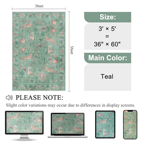 3x5 Rug Washable Animal Area Rug for Bedroom Non Slip (Teal (Animal) / 3' x 5' (Rectangular))