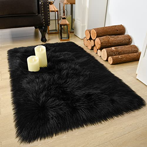 Soft Fluffy Faux Fur Rugs for Bedroom Bedside Rug 2x3 Feet (Black / 2 x 3 Feet (Rectangular))