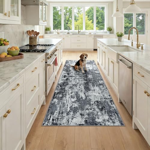 Washable Runner 3'x7' Abstract Area Rug for Hallway Black White (Black/Navy Blue/Gray / 3' x 7' (Runner))