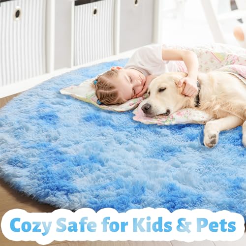 Tie Dyed Light Blue Round Rug 4Ft for Girls Bedroom Baby Nursery (Tie-dyed Blue / 4' (Round))