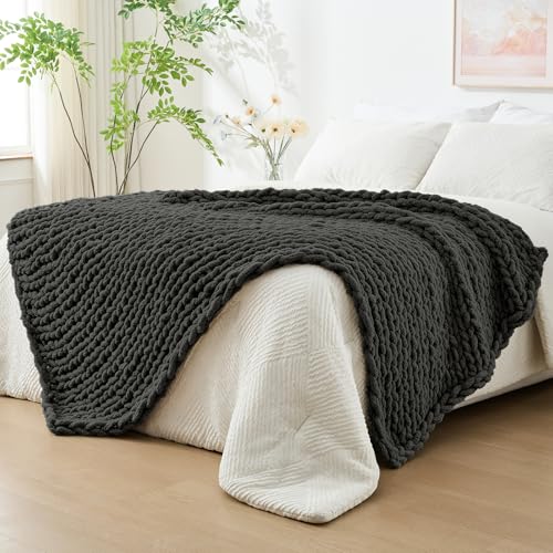Chunky Knit Throw Blanket for Couch (Dark Grey / 80"x90" (For Queen/King Bed）)