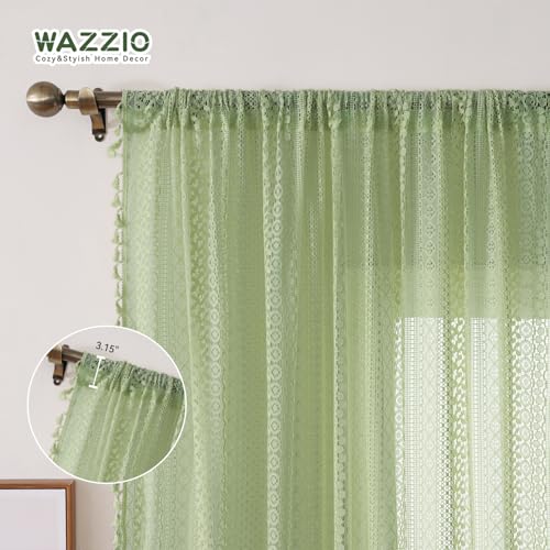 Boho Lace Curtains 84 Inches 2 Panel (59"W x 84"L (Pack of 2) / Grass Green)