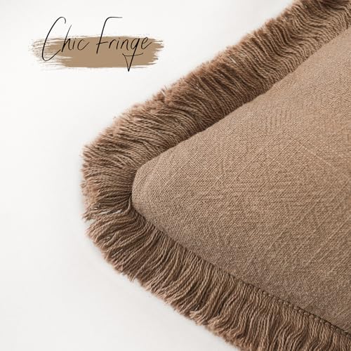 Decorative Linen Fringe Throw Pillow Covers 16×16 Khaki Brown (16" x 16" (Pack of 2) / Brick)