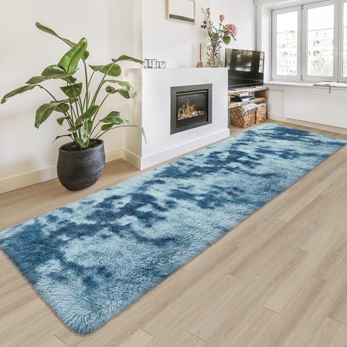 Super Soft Fluffy Living Room Area Rug 2x8 ft Tie (Tie-dyed Blue / 2' x 8' (Runner))