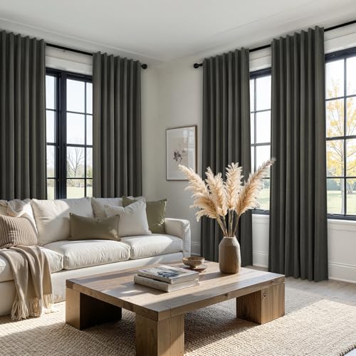 108 Inch Curtains 2 Panels Set Charcoal Grey Curtains 108 Inches Long for Livingroom Back Tab Hooks Pleated Blackout Tweed Linen Look Blacked Out Curtain for Bedroom (Carbon Grey / 52"W x 108"L (Pack of 2))
