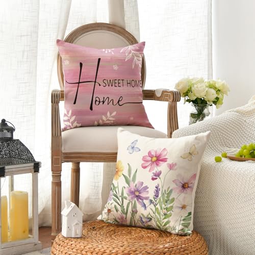 Spring Saying Flowers Butterfly Pink Throw Pillow Covers (Pink / 20" x 20" (Pack of 4))