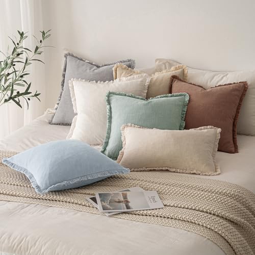 Boho Linen Fringe Decorative Throw Pillow Covers Sky Blue 20x20 (20" x 20" (Pack of 2) / Sky Blue)