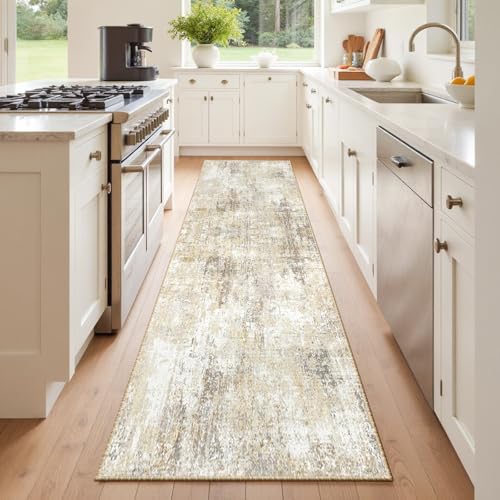 Washable Runner 2'x6' Abstract Area Rug for Hallway Neutral Brown (Gray/Neutral Brown / 2' x 6' (Runner))