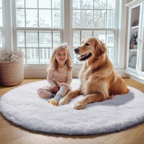 White Round Rugs 6ft for Living Room Bedroom (White / 6' (Round))