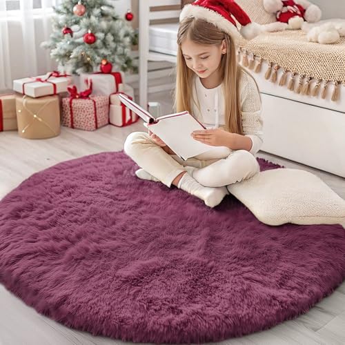 Burgundy Round Rugs for Bedroom (4 Ft Round / Burgundy)