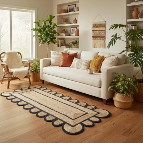 Scalloped Natural Jute Area Rug (Black / 2' x 12' (Runner))