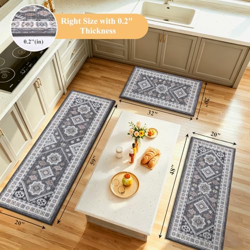 HEBE Boho Kitchen Rugs Set of 3 (Natural/Grey / 20"x32"+20"x48"+20"x59")