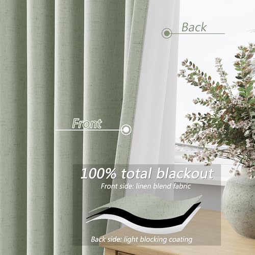 Mist Sage 100% Blackout Linen Curtains 90 Inch Length 2 Panels Set for Living Room Bedroom Back Tab (Mist Sage / 52"W x 90"L (Pack of 2))