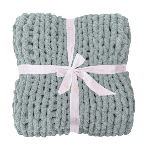 Chunky Knit Throw Blanket for Couch (Misty Green / 51"x63" (Large Size Throw）)
