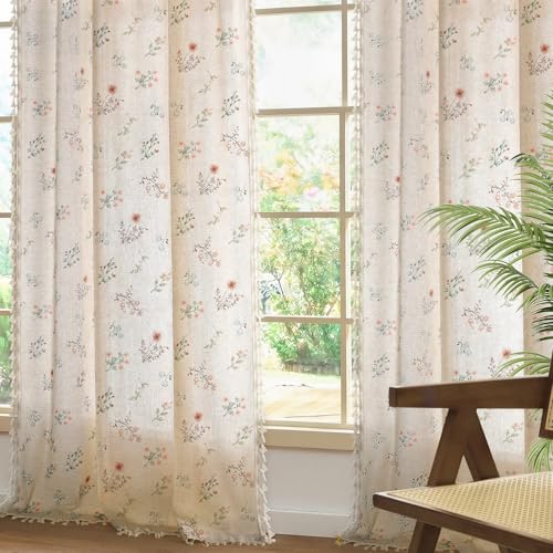 Boho Floral Light Filtering Curtains 90 Inch 2 Panels Linen Texture (Light Filtering Vintage Florals / 52"W x 90"L (Pack of 2))