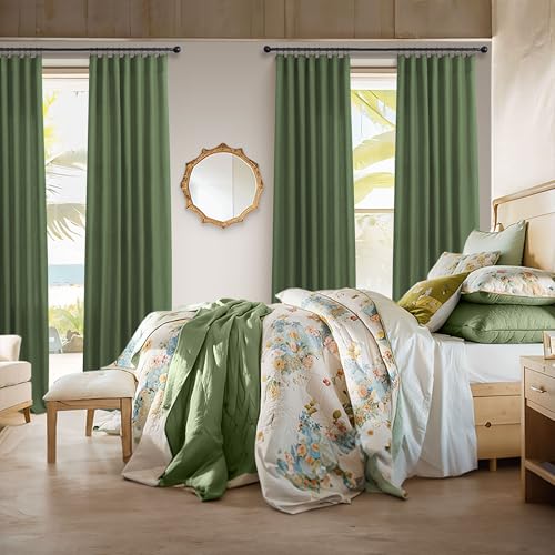 Olive Green Curtains 96 Inches 8 FT Long for Living Room 2 Panels Back Tab Pocket Drape Thick Sheer Linen Cotton Modern Rustic Trendy Earthy Army Moss Green Curtain for Bedroom Farm House Decor (52"W x 96"L (Pack of 2) / Olive Green)