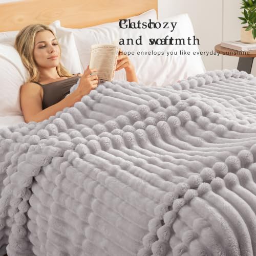 Striped Fleece Throw Blanket for Couch (Light Grey / Throw ( 50x60 IN ))