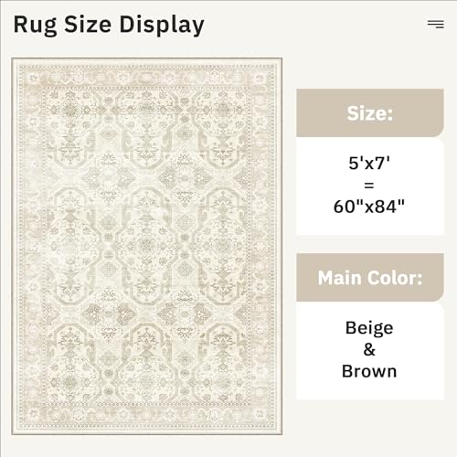 5x7 Area Rug Low Pile Washable Trendy Faded Style Rug (Beige/Brown / 5' x 7' (Rectangular))