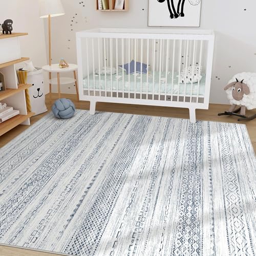 Boho 5x7 Area Rug Living Room Rugs Machine Washable White Blue (W-blue / 5' X 7' (Rectangular))